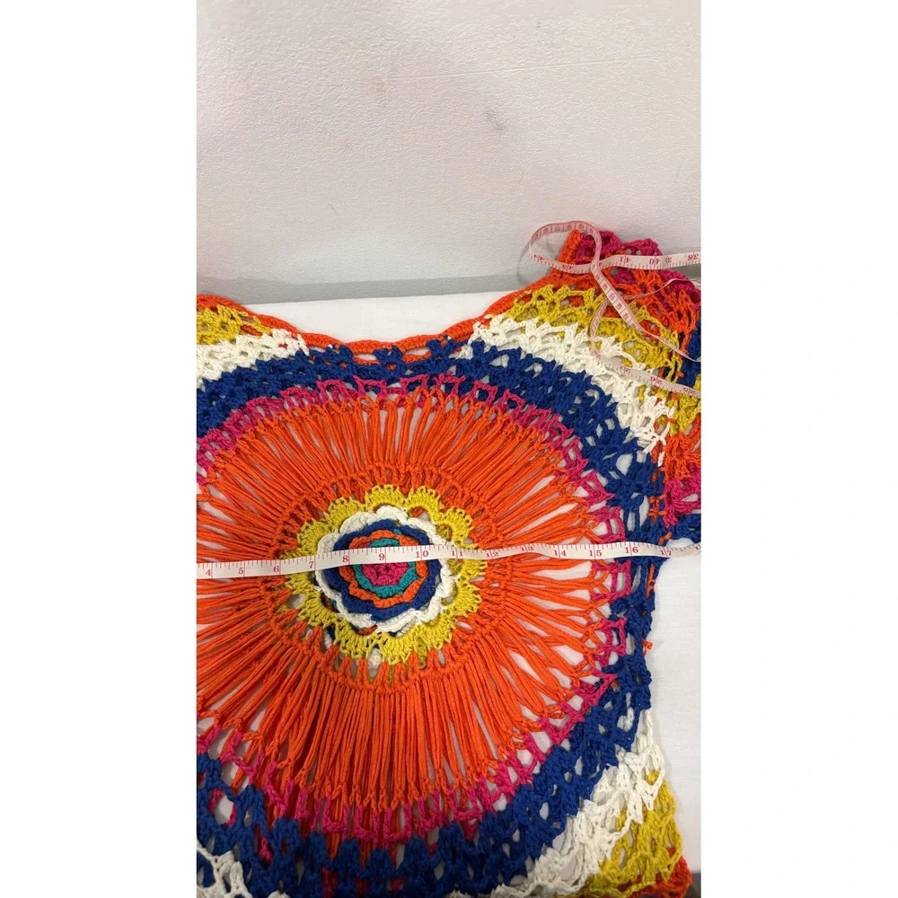 Rainbow Crochet Sunburst Mandala Top Boho Festival Long Sleeve Multi Color